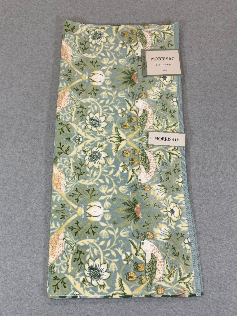 William Morris & Co Strawberry Thief Velour Cotton Bath Towel Green Birds NWT